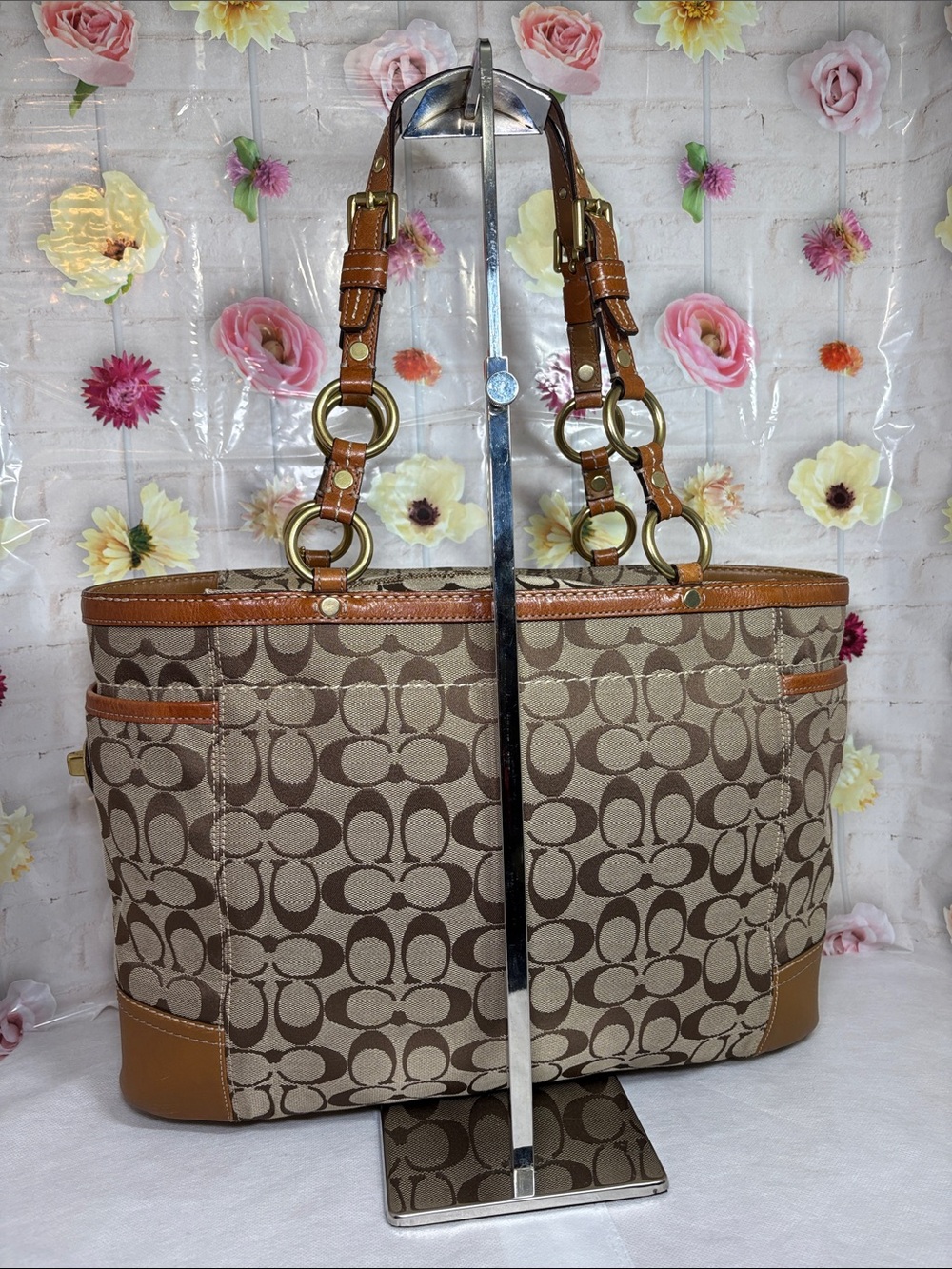2007 Coach Brass Turnlock Buckle Straps Signature Canvas Camel Leather 15x11x4 - Picture 5 of 15